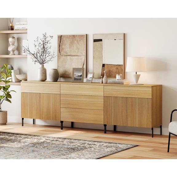 WAMPAT 94.5" Sideboard Cabinet with 3 Drawers and 4 Doors, Modern Fluted Credenza Buffet Cabinet with Adjustable Shelves, Large Storage Cabinet for Dining Room, Living Room