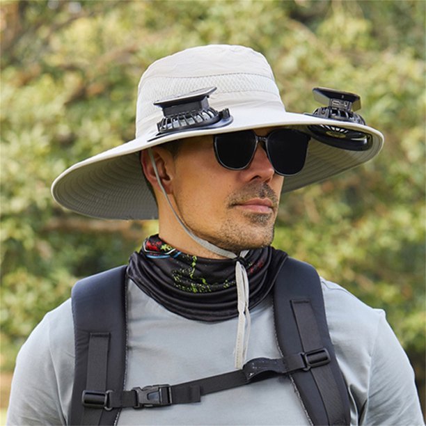 Sombrero de pesca al aire libre con ventilador solar ancho para hombre, sombrero para el sol con ventilador solar, sombreros de pesca con ventilador ajustable de 3 velocidades, sombrero con ventilador