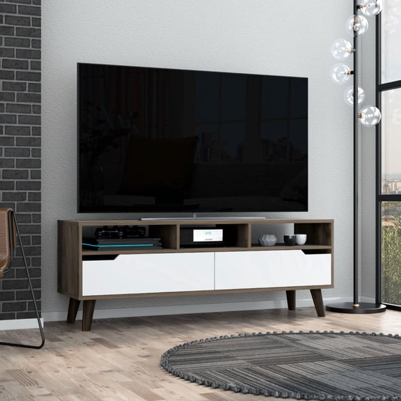 TV stand for 50 - 59 inches TV, three open and two interior storage spaces / Good for home theater setups, tidies up cables