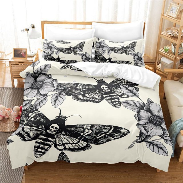 Butterfly And Death Moth Bedding Set For Girls Gothic Skull Boho Comforter Cover Decor Bedroom Sun and Moon Pattern Duvet Cover