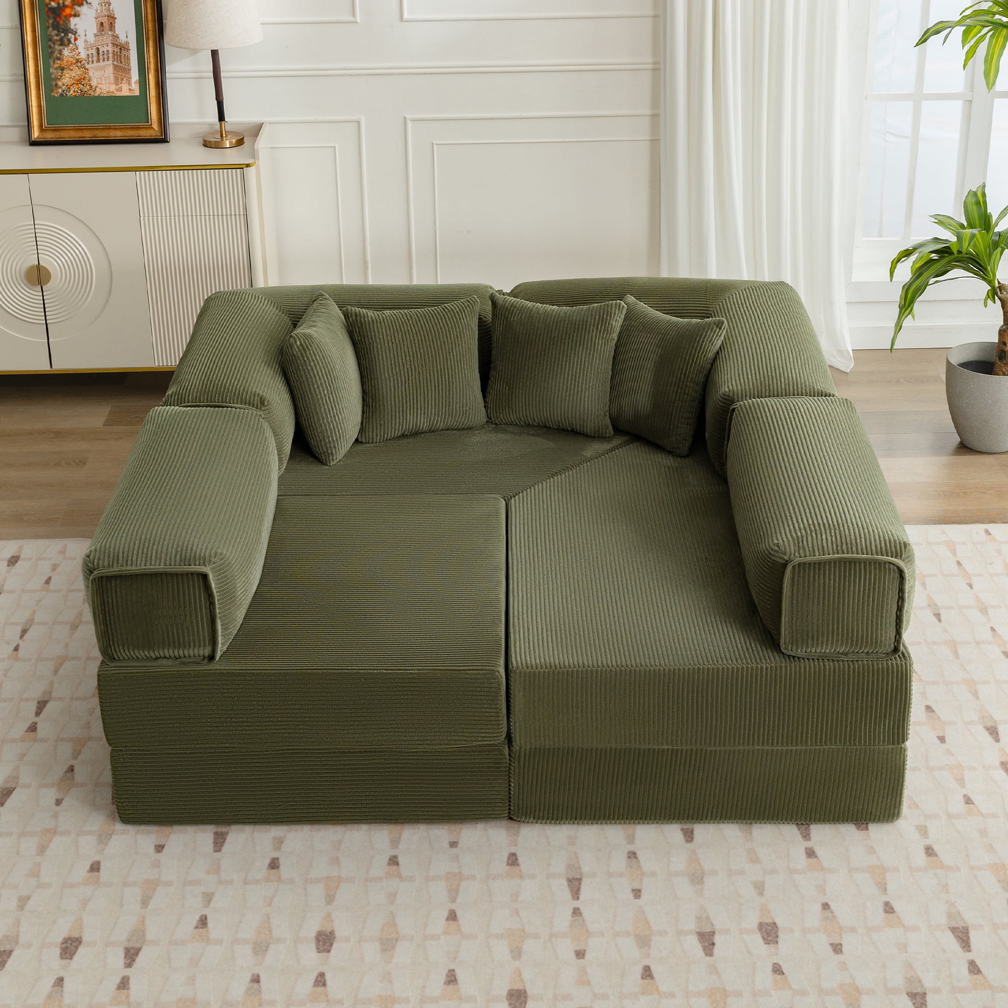 COOLHUT 106.3" W Combination Floor Sofa, High Rebound Density Sponge Sofa Couch, Modular Sectional Sofa L-Shape Corduroy Couch with Chaise, Big Comfy Sleeper Floor Sofa for Living Room,Olive Green