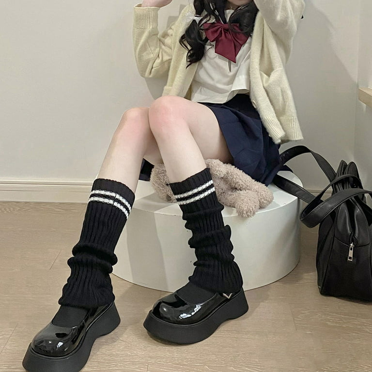 Women Student Double Striped Knit Leg Warmers Japanese Preppy Style School  Uniform Lolita Boot Cover Crochet Ribbed Stretch Tube Knee High Socks