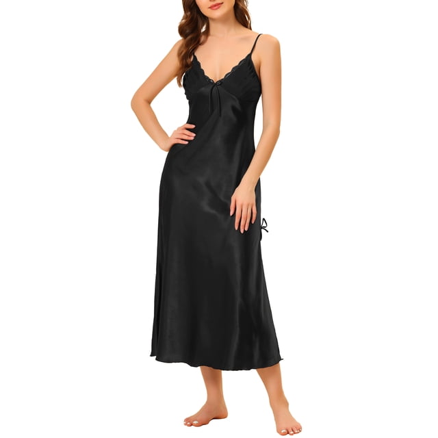 INSPIRAR CHIC Vestidos de Noche de Satén Largo para Mujeres con Escote en V, Chemise Suave, Vestido de Pijama, Vestido de Noche, 2XL Negro
