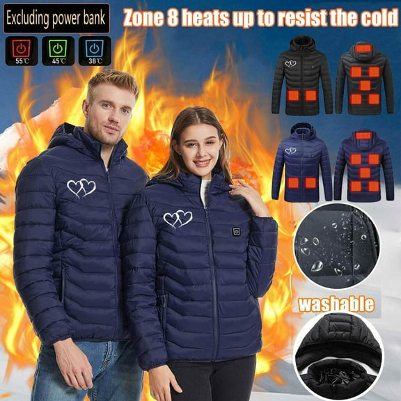 CFLVAEK His and Hers Heated Jackets Warm USB Electric Heating Jacket with 8 Heating Area Winter Outdoor Hiking Coat with Detachable Hood Excluding Power Bank S