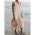 thumbnail image 4 of Robe d'Été Ample Décontractée Patchwork Coton Lin Poches Col en V Style Plage Robe Sans Manches Vintage Club Midi Unie Robe Femme, 4 of 5