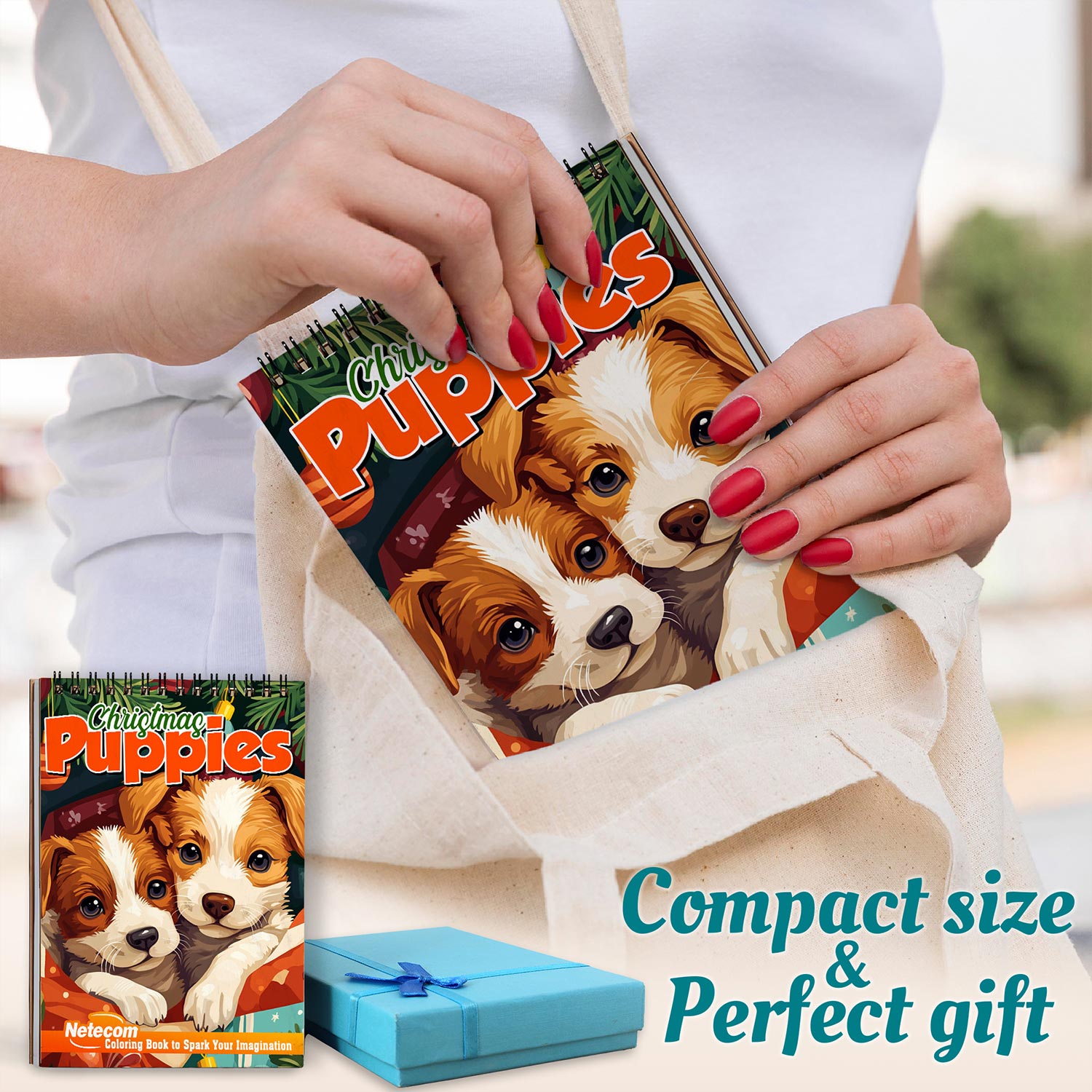Netecom Christmas Puppies Coloring Book Spiral Bound for Adults, A5 Wooden Cover, 30 Xmas Theme Coloring Pages of Cute Dogs for Stress Relief and Relaxation