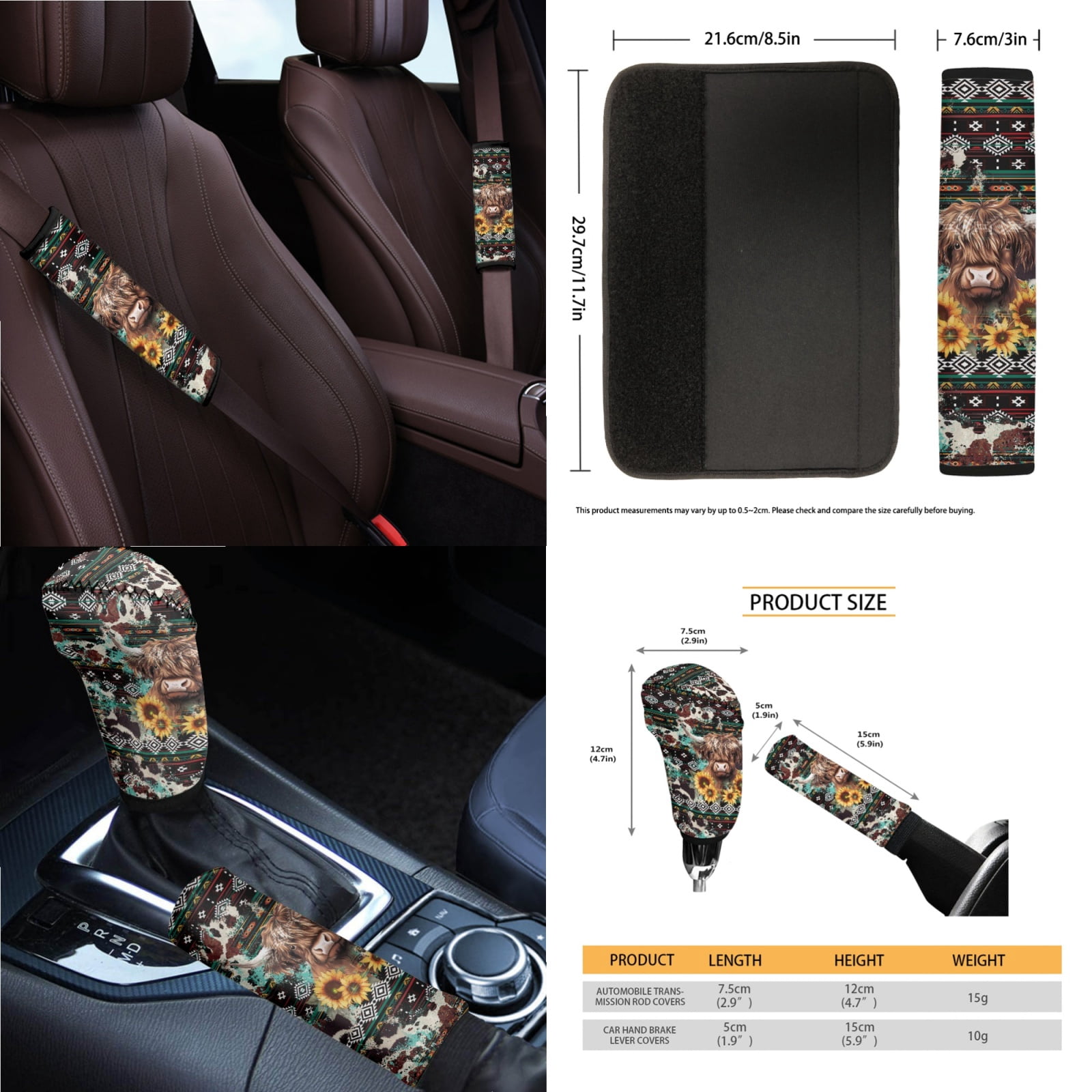 Renewold American Tribal Highland Cow 14 PCS Car Seat Cover Full Set, with Steering Wheel Cover Auto Seatbelt Pads Coaster Trash Can Rear View Mirror Armrest Cover Coasters Gear Shift Knob Cover Set