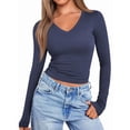 thumbnail image 3 of Long Sleeve Shirts for Women Fall Fashion V Neck Basics Crop Tops Slim Fitted Y2K Tops Outfits Clothes Blue M, 3 of 9