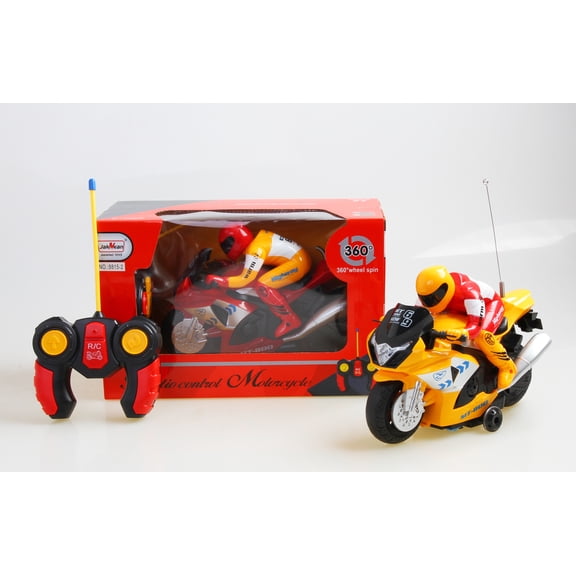 Unleash The Ultimate Racing Thrill | 360 Degree Rotate Spinning RC Race Motorcycle | Remote Control Race Biker with Dazzling Light and Sound Effect for Kids (Yellow)