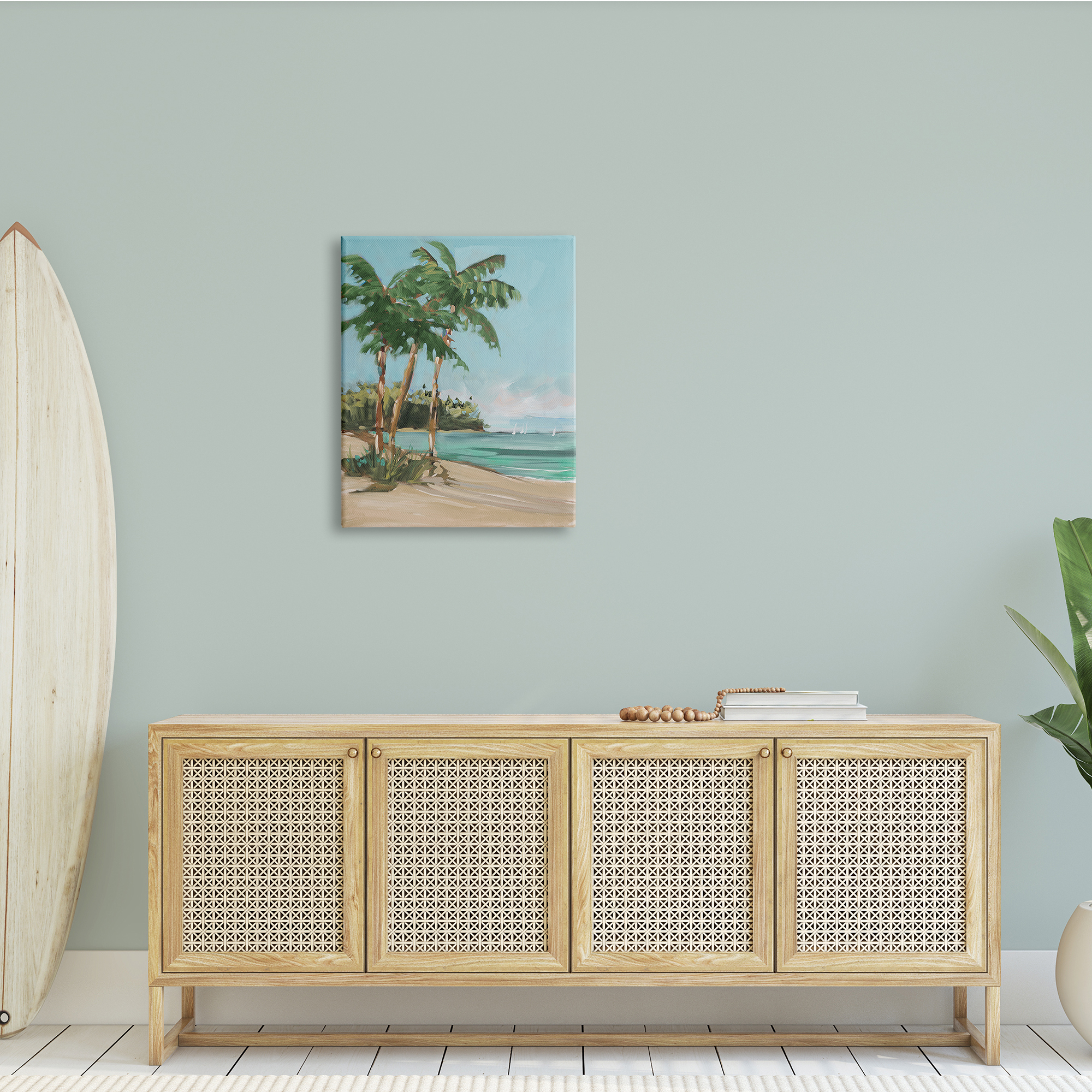 Stupell Indtries Contemporary Summer Palm Tree Coast Line Distant Boats,24 x 30,Design by Jane Slivka