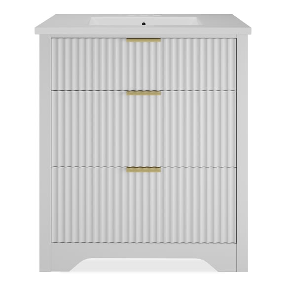 Fluted Bathroom Vanity with Basin - 2 Drawers & Turn-Down Storage - Easy Assembly & Cleaning - Modern Freestanding Cabinet, White, 30 Inches