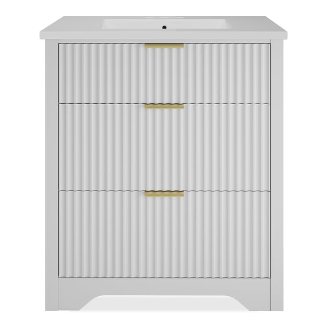 Modern Fluted Bathroom Vanity with Ceramic Basin, Freestanding Farmhouse Cabinet with 2 Drawers and Tip Out Storage, Easy Assembly for Powder Room, 24 30 36 Inch, Walnut White Wood Color