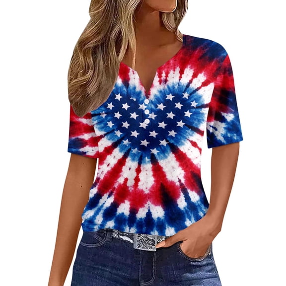 Short Sleeve T Shirts Women Plus Size Stars and Stripes 250th Anniversary USA Split Neck Oversized Tunic Summer Casual Soft Tee Red L