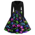 thumbnail image 2 of Women's Halloween Dress Pumpkin 1950s Long Sleeve Cute Tea Length Dress Spider Cocktail V-Neck Scary Swing Dress with Belt L, 2 of 5