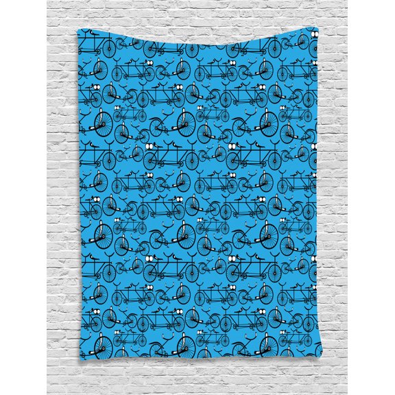 Bicycle Tapestry, Antique Cartoon Style Bikes on Blue Background Retro Pattern with Wheels, Wall Hanging for Bedroom Living Room Dorm Decor, 60W X 80L Inches, Blue Black and White, by Ambesonne