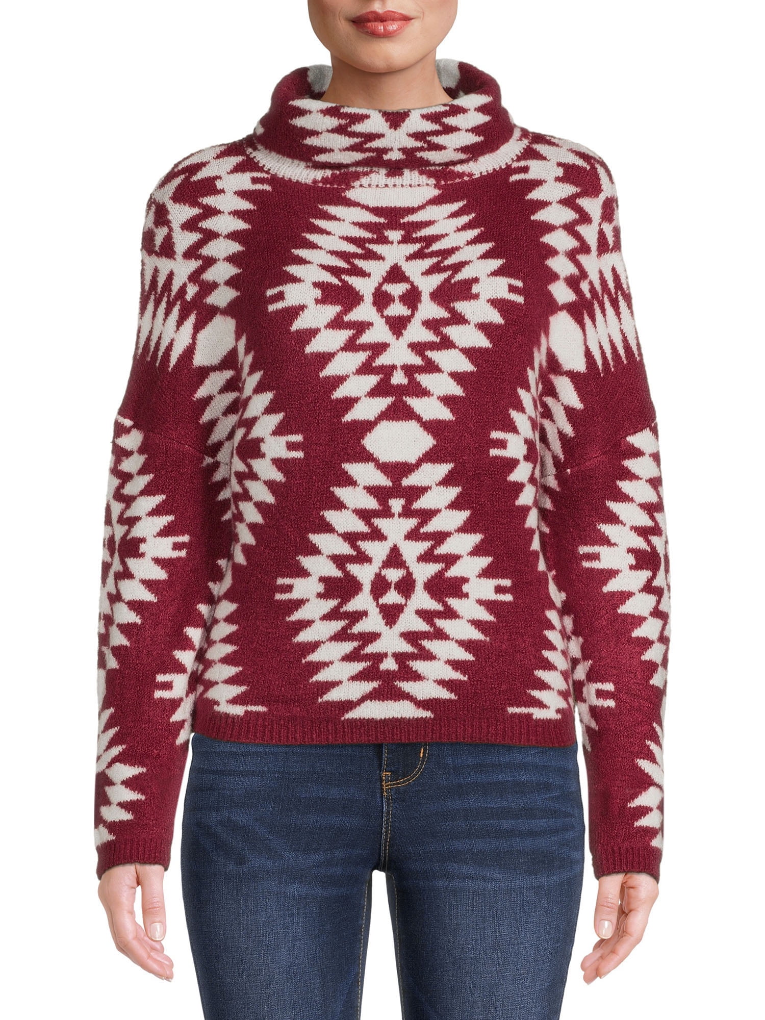 No Boundaries Junior's Plaid Mock Neck Sweater