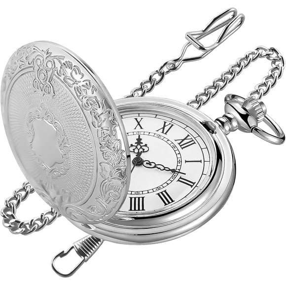 Tiong Vintage Shield Pocket Watch with Chain Intricate Engraved Case & Roman Numeral Dial Classic Retro Men s Quartz Pocket Watches