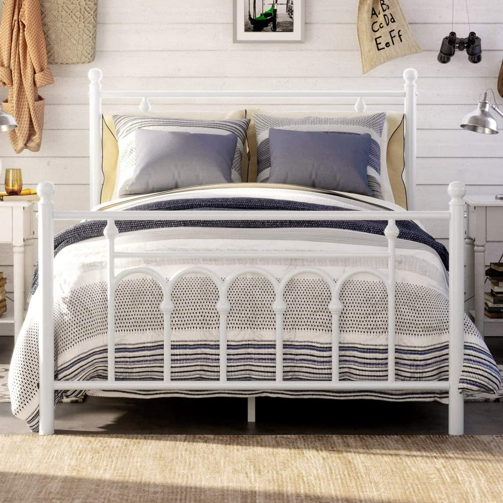 VASAGLE Full Size Metal Bed Frame with Headboard, Footboard, White