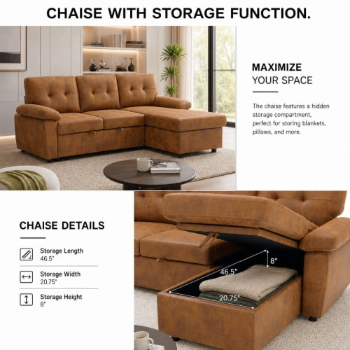 88.5" Convertible L-Shaped Pull-Out Sectional Sofa Bed with Storage Chaise & Soft Padded Armrests, Foil Fabric Upholstery, Light Brown