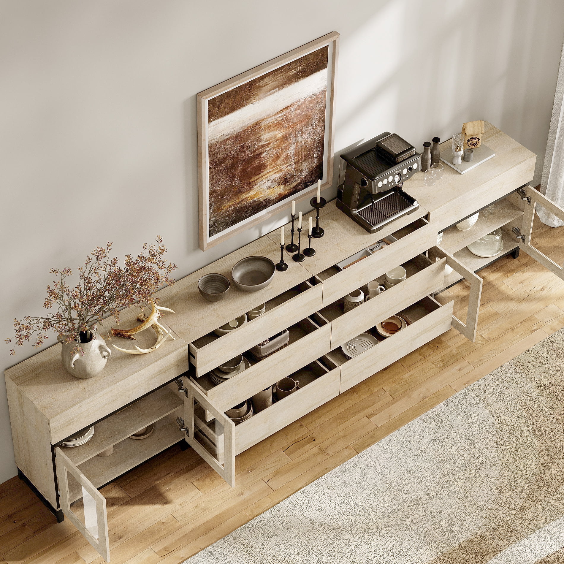 4-In-1 Storage Sideboard with Glass Doors, 8 Drawers and Adjustable Shelf, Sturdy Metal Base Buffet Cabinet for Kitchen Living Room,Beige