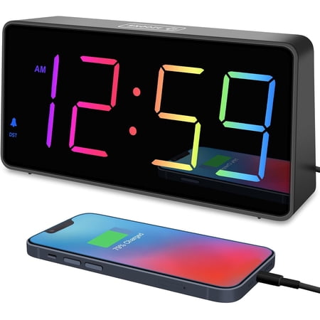 Digital Alarm Clock for Bedroom Bedside, Extra Loud for Heavy Sleepers Adults, Large RGB Color Changing Colorful LED Big Numbers, Battery Backup Plug in Electric Clock with USB Charger