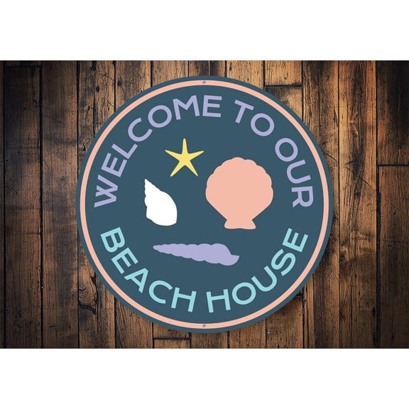 Beach House Shells Novelty Sign, Metal Wall Decor - 12" Round