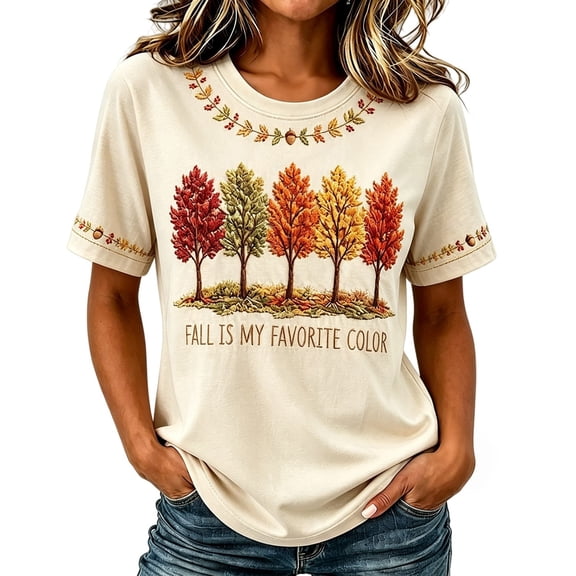 BODOAO Women's Fall Graphic Tee Short Sleeve Crew Neck T Shirt Autumn Tree Print Casual Thanksgiving Top for Women Vintage Holiday Everyday Summer Fashion Wear Beige L