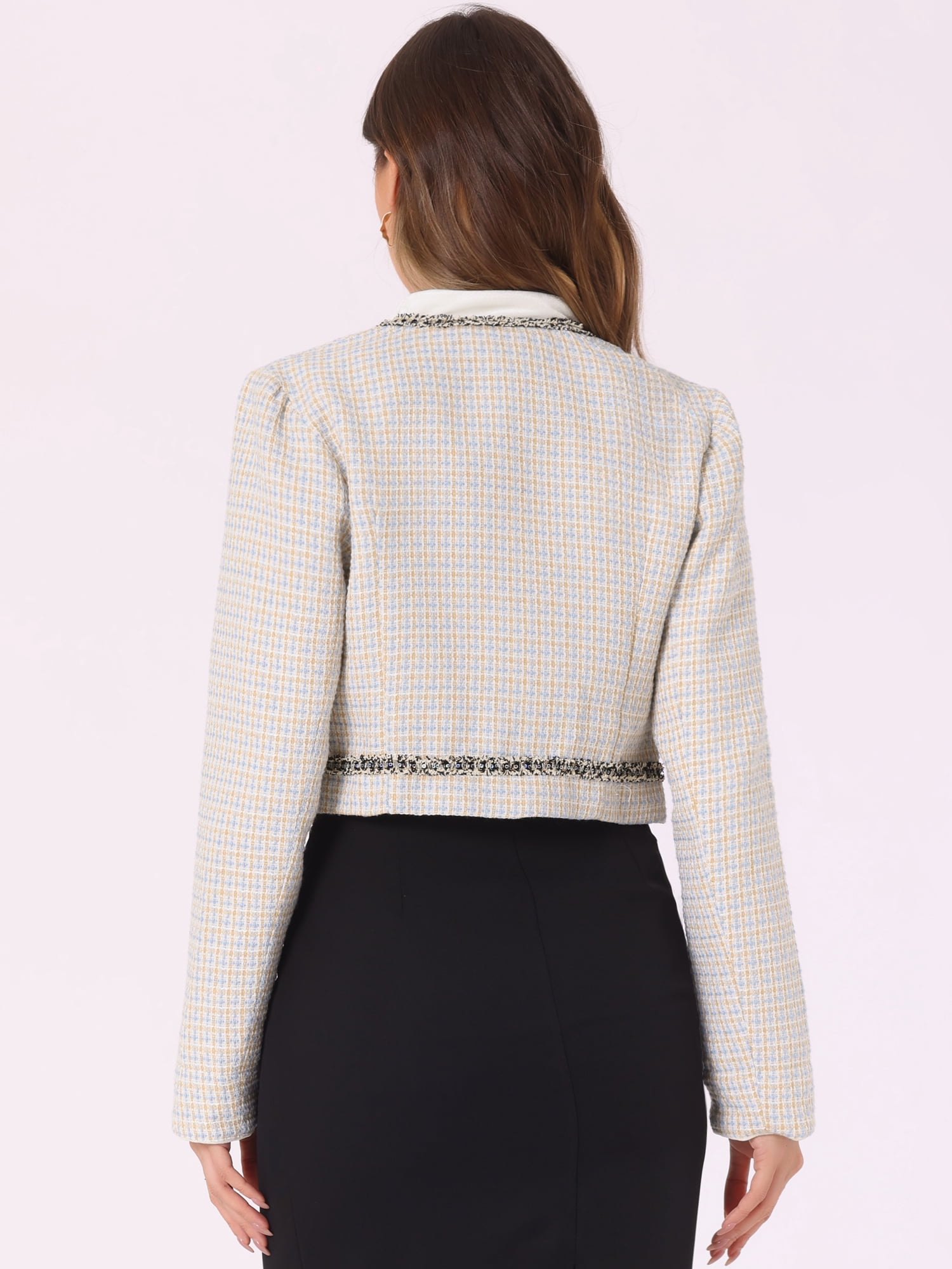DARING DIVA Women's Double Breasted Plaid Tweed Cropped Jacket L Light Blue