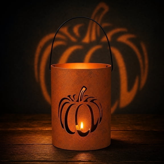 Halloween Rustic Metal Pumpkin Cutout Lantern with Handle, Vintage Fall Harvest Candle Holder, Farmhouse Halloween Thanksgiving Tabletop Porch Decor