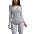 thumbnail image 2 of Women Jumpsuits Solid Color Square Neck Long Sleeve Long Rompers Spring Autumn Skinny One-Piece, 2 of 3