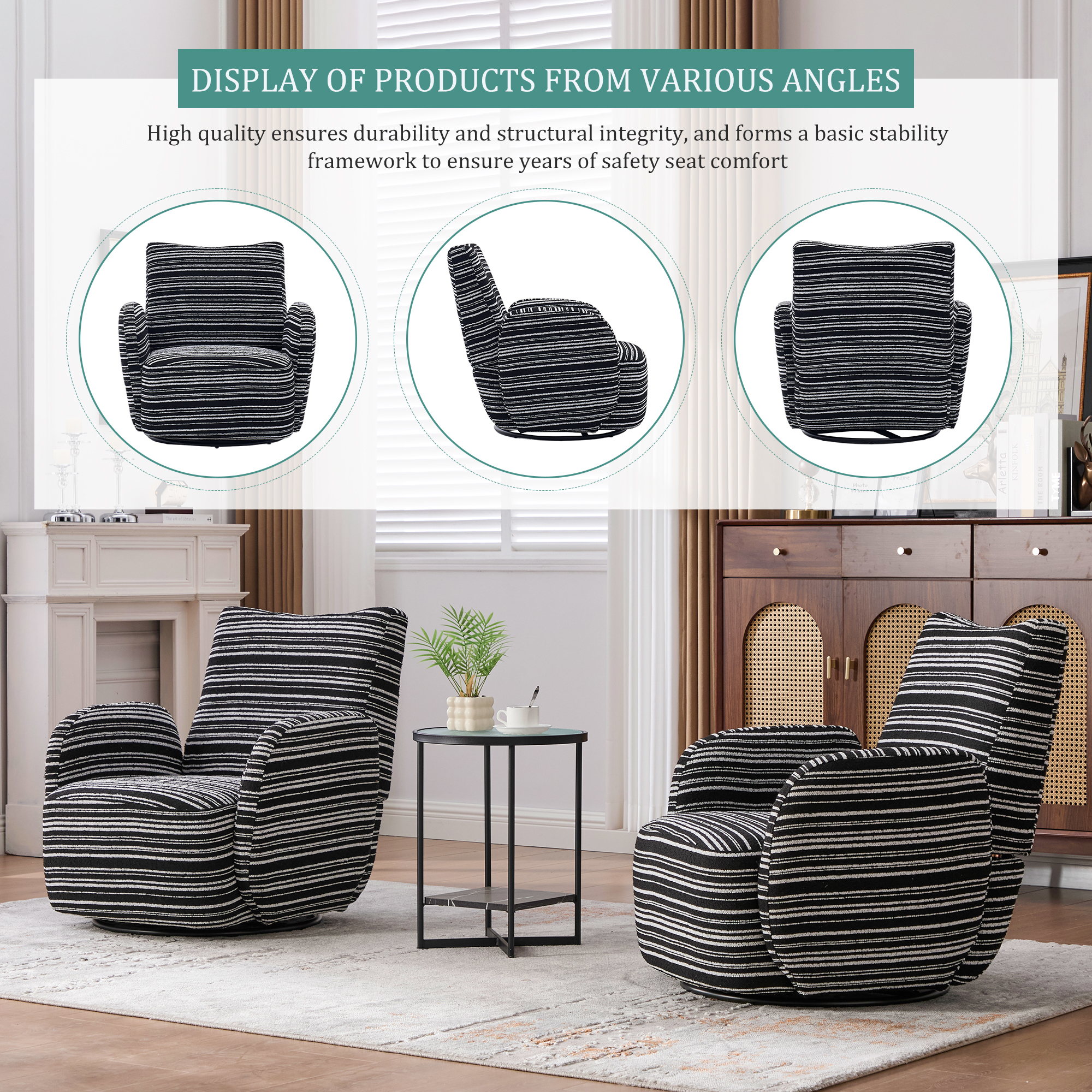 MOONMISS Boucle Upholstered 360°Swivel Fabric Striped Armrest Leisure Chair for Living room-Black