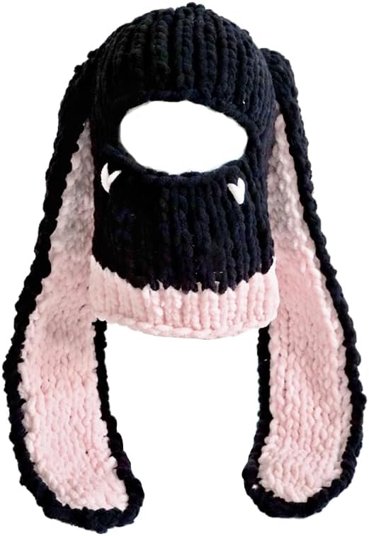 Y2k Knit Balaclava Face Mask for Women Men Bunny Ear Horn Ski Scarf Winter Warm Hat Knit Skull Beanie for Halloween