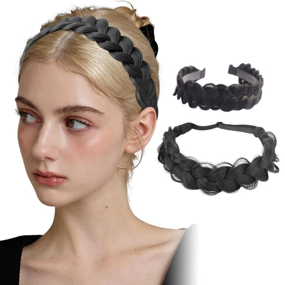 GIRACOA 2-Piece Hair Styling Set - Messy Braided Headband with Teeth & Matching Messy Bun Hairpiece - Adjustable Elastic Synthetic Braid Extension for Women, Natural Black