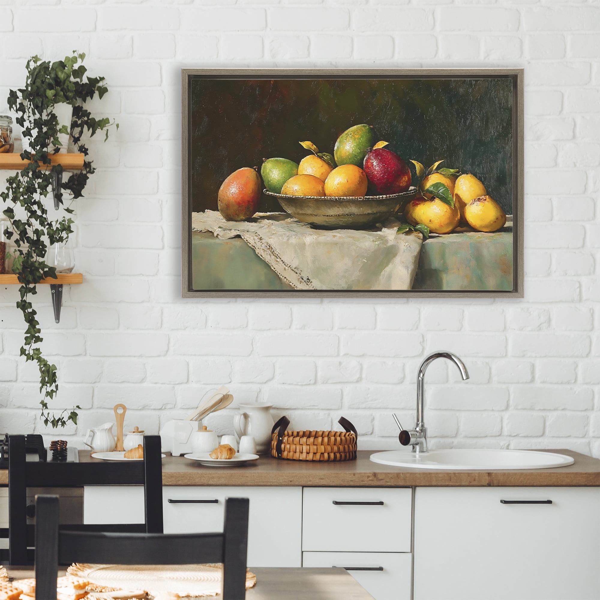 Stupell Industries Fancy Table Fruit Arrangement Brown Framed Floater Canvas Wall Art, design by Creative Studio