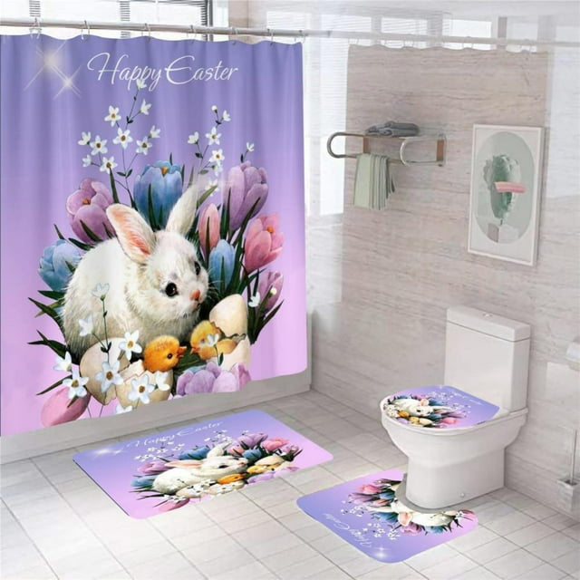 4 Piece Easter Shower Curtain Set With NonSlip Rug, Toilet Cover And