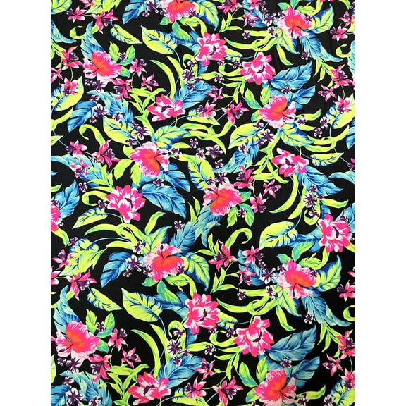 Nylon Spandex medium Weight 4 ways Stretch Big Neon Tropical Flowers Design