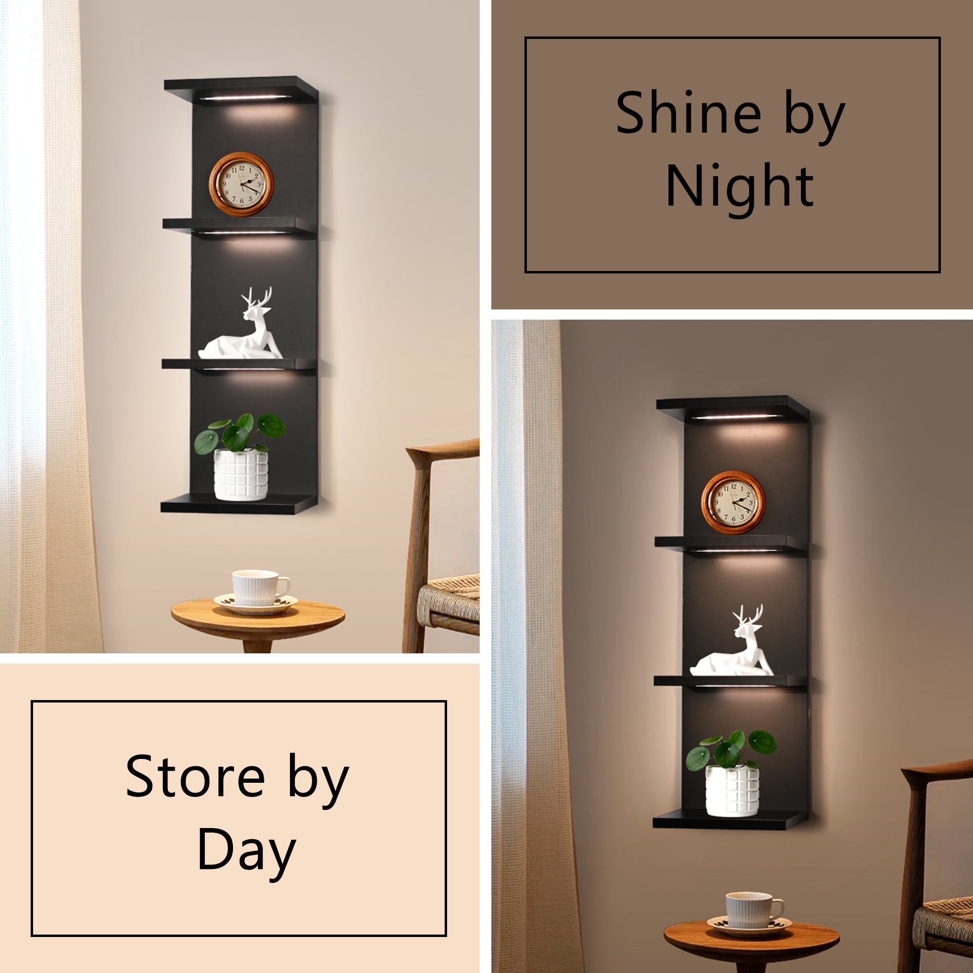 Versatile 4 Tier Wall Shelf Unit,Black Lack Wall Shelf,Display Floating Shelf with LED Remote Control Light