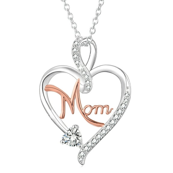 APSVO S925 Sterling Silver Plated Love Heart Necklace for Mom MAMA Mother CZ Hypoallergenic Necklace Love Pendant Necklace Birth Birthday Mother's Day Jewelry Gifts for Her