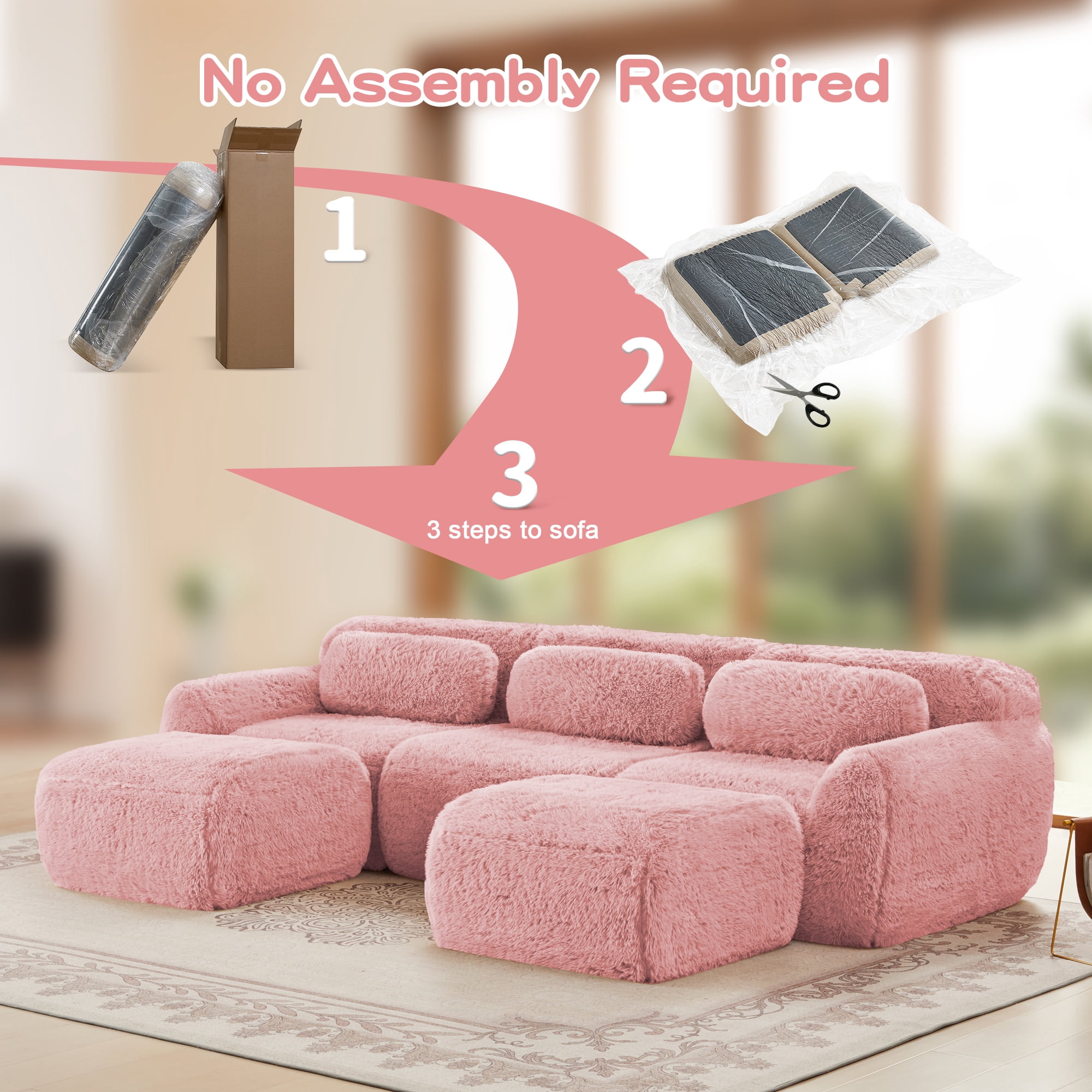 AISWORD 114" 3-Seat U-ShapedModular Cloud Sectional Sofa with 2 Ottoman, Anti-Slip Deep Seat Cloud Sofa, Ready to Use Premium Plush Fabric Boneless Sofa with 32D High-Density Foam&Anti-Slip Bottom