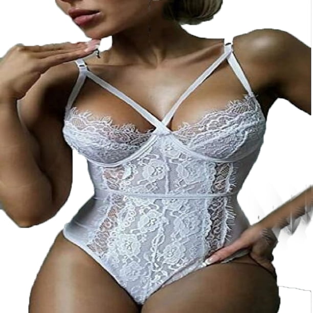 Gibobby Conjunto de lencería de encaje Lencería de dos piezas para mujer, sexy con encaje floral, escote en V profundo, brasier inalámbrico y tanga exótico(Blanco, XG)