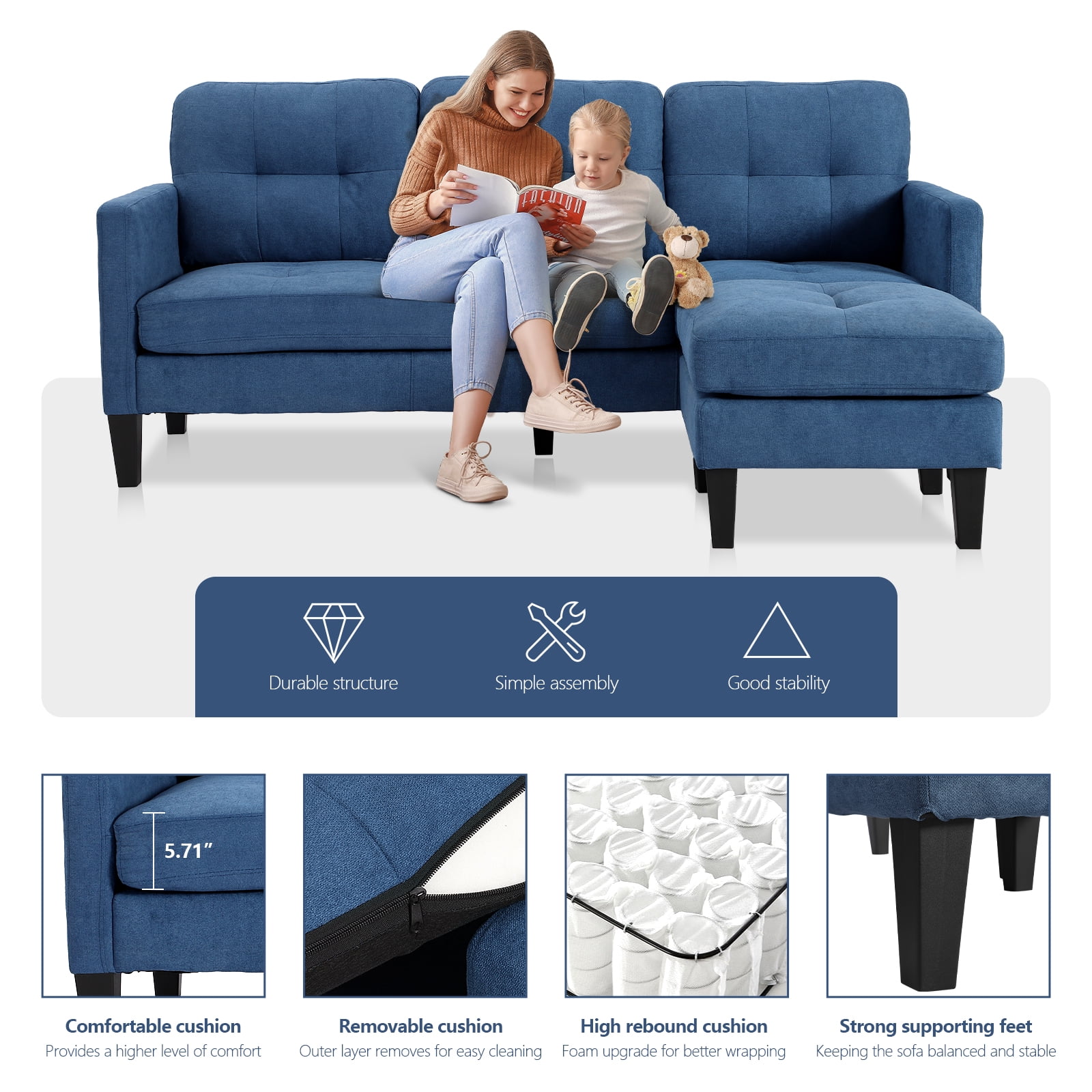 Haverchair Modern Sectional Sofa Couch with Reversible Chaise L-Shaped Couch for Living Room,BLUE