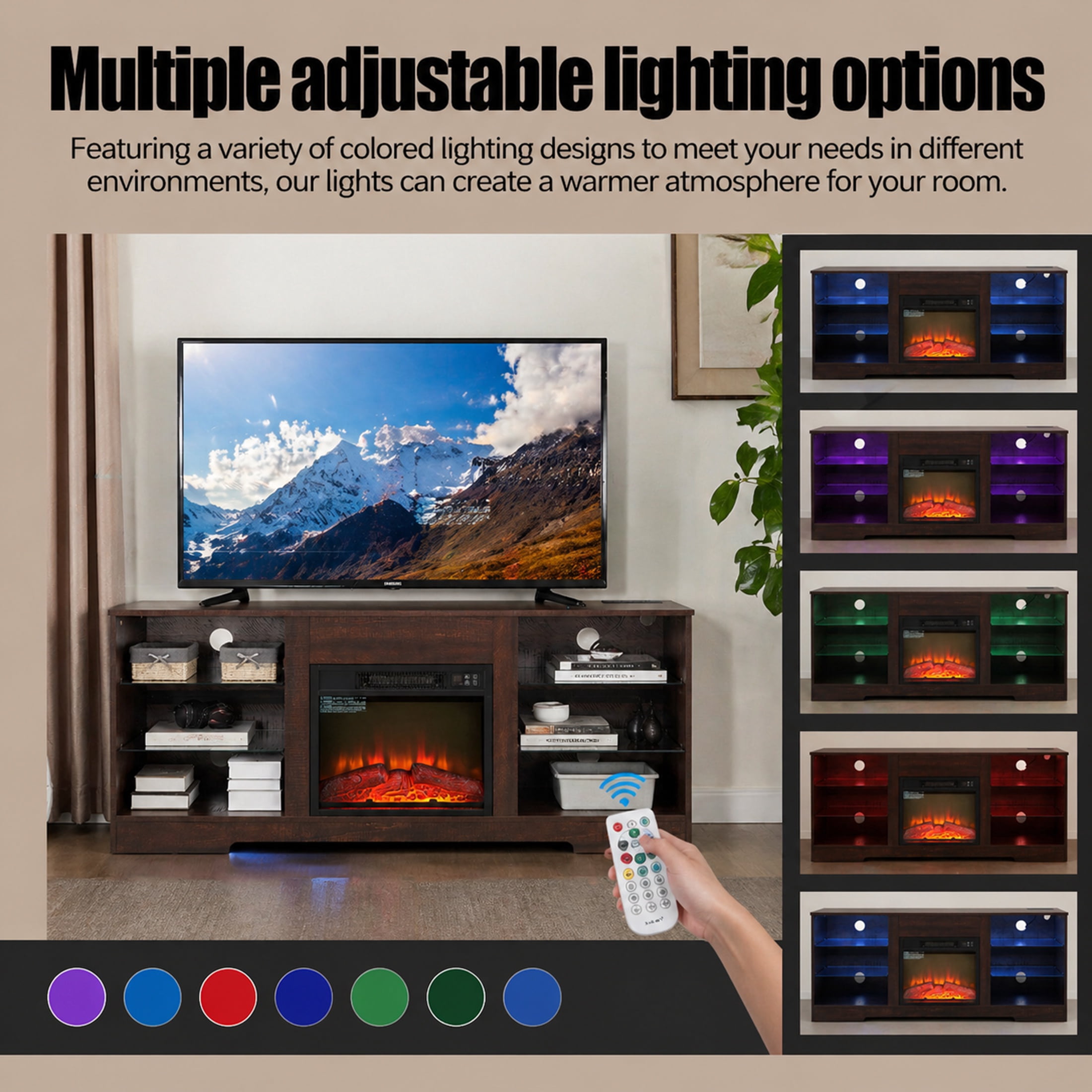 SESSLIFE Fireplace TV Stand, 58" LED Light Entertainment Center with Adjustable Flame Fireplace, Power Outlets & Shelves, Remote & App Control, TV Stand with Fireplace for Living Room, Espresso