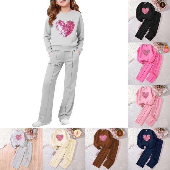SGFCWSX Girls Sequin Heart 2 Piece Outfit Sweatshirt and Pants Set for Teens Warm Casual Tracksuit Gray Size 13-14Years