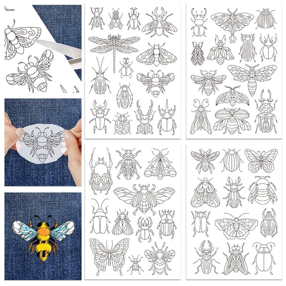4 Sheets Insect Patterns Stick and Stitch Water Soluble Stabilizer for DIY