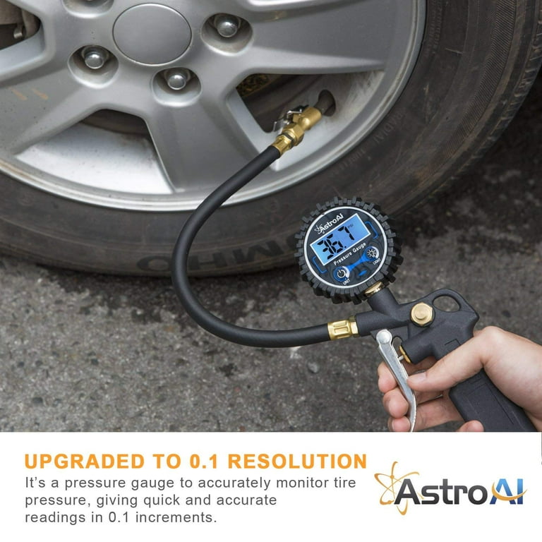 Inflador de neumáticos digital con medidor de presión AstroAI, madril y  compresor de aire de 250 PSI, accesorios resistentes con manguera de goma y