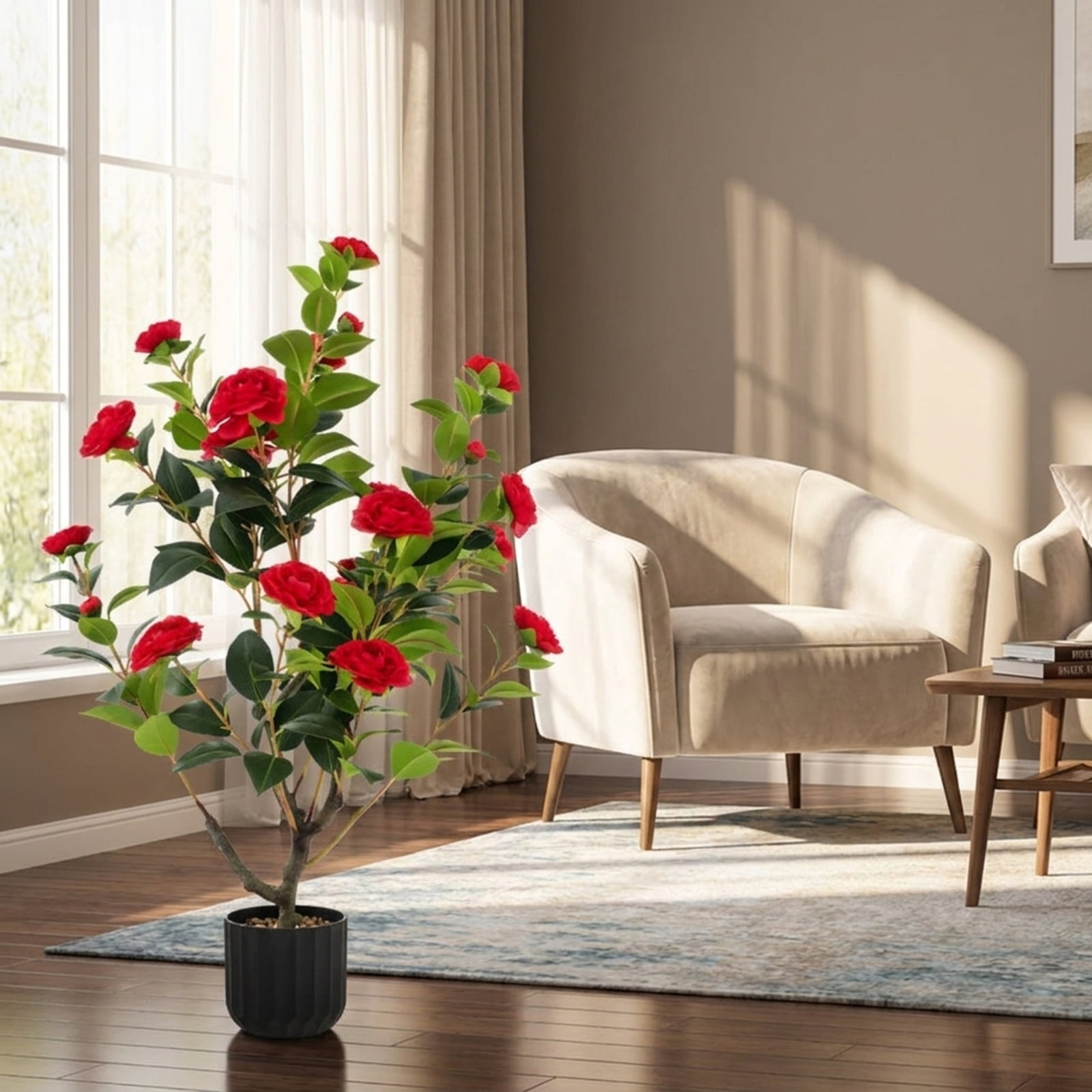 SUGIFT 38 Inch Artificial Camellia Tree, 2 Pack Faux Flower Plant with Red Blooms in Cement Pot for Living Room Porch Decor, Red + Green + Black,