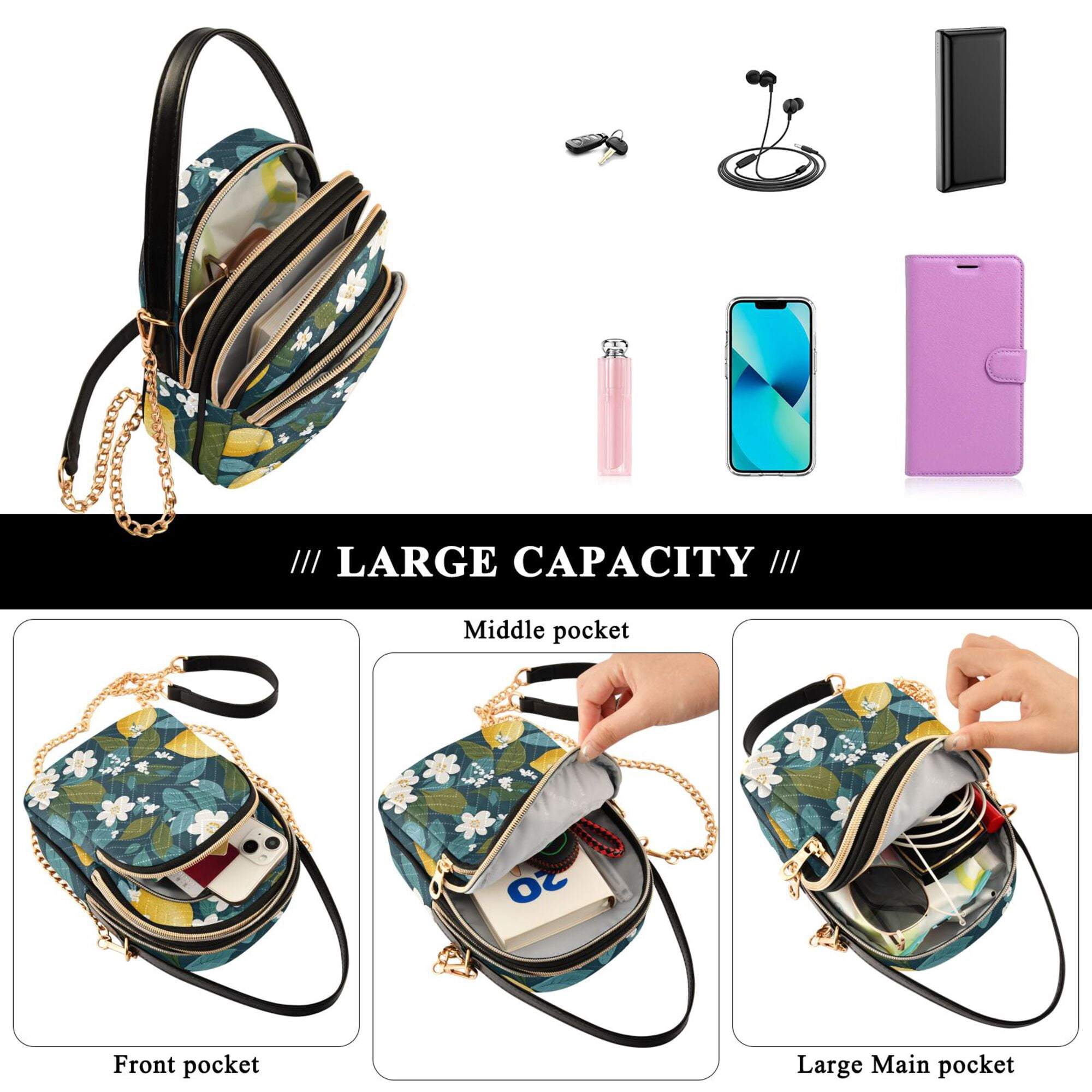 FORMRS Crossbody Bag for Women Quilted Travel Shoulder Cell Phone Purse with Chain Strap Handbag, Green Lemon Leaves