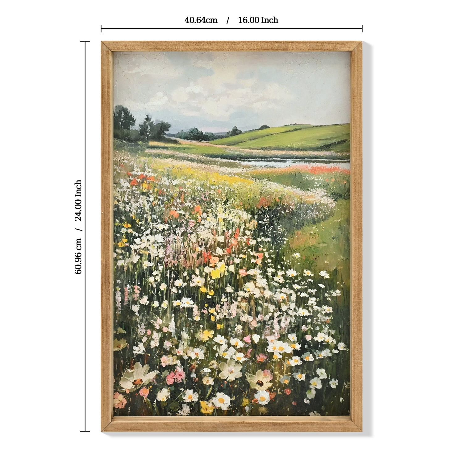 MOONMISS 16x24in Wildflower Meadow Painting Framed Canvas Wall Art Vintage Rustic Landscape for Living Room Bedroom Decor Green Yellow Brown