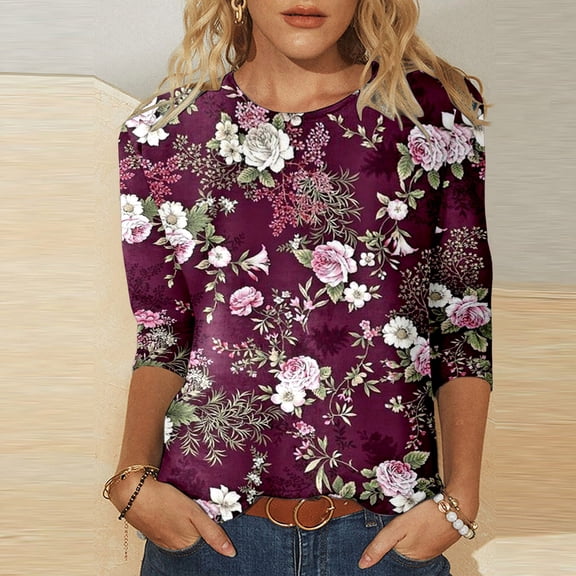 Womens Tshirt Floral Print Round Neck 3/4 Sleeve Top Sweet Floral Tees for Women Brick Red L