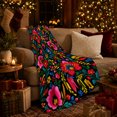 thumbnail image 3 of Black Otomi Floral Folk Art Pumpkin Porch, Festive Botanical Garden Scene, Warm Flannel Blanket for Sunroom and Reading Nook, Garden Lovers Thanksgiving Gift, Botanical Home Decor, 3 of 9